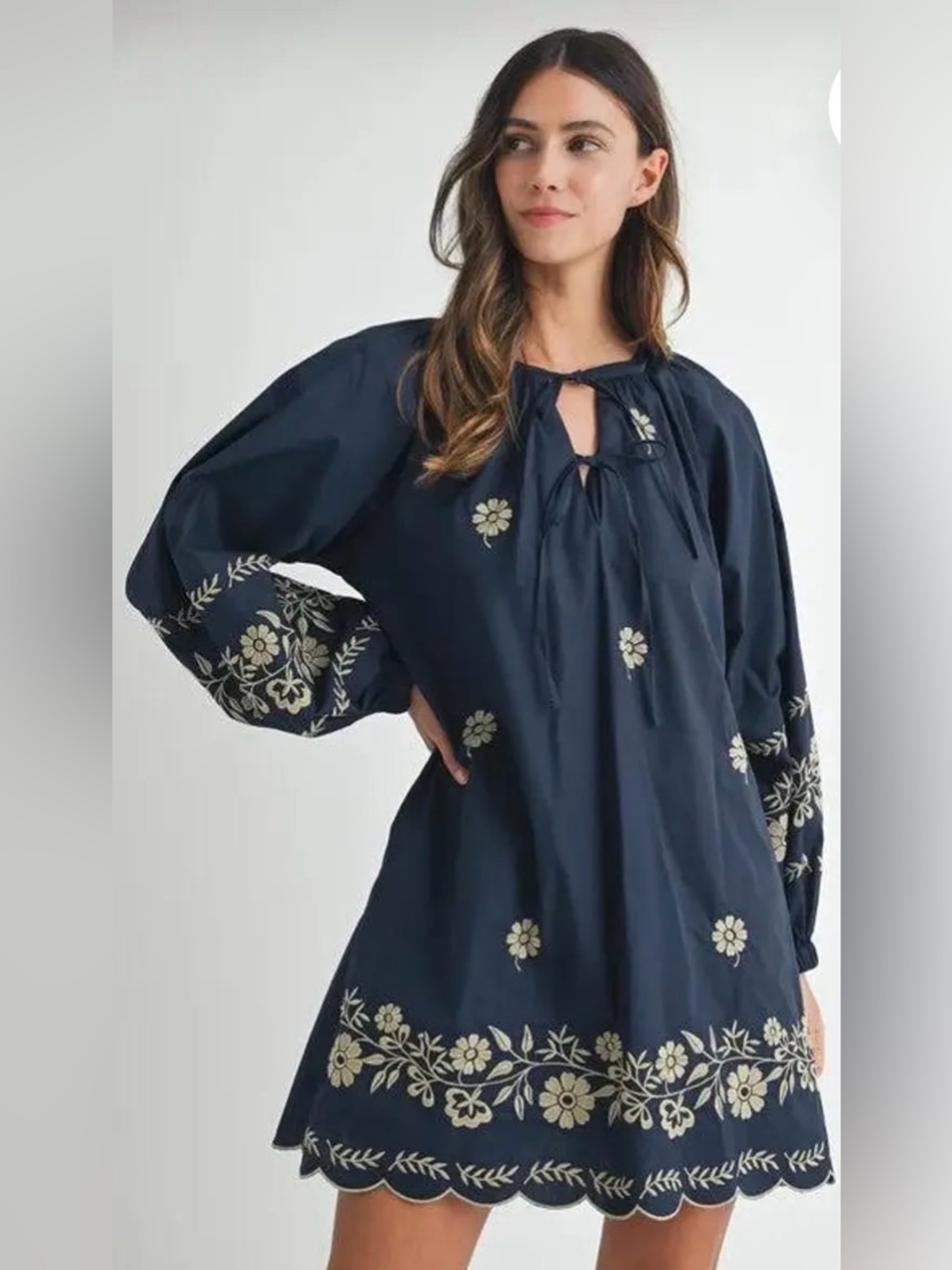 MARBLE Navy Long-Sleeve Embroidered Peasant Mini Shift Dress Bohemian Floral L